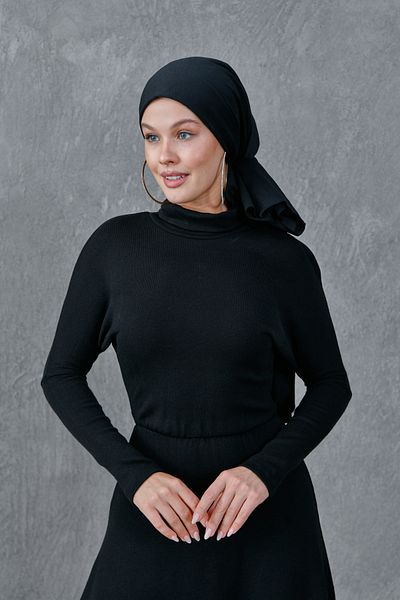 vuvutasarım Flexible Acrylic Fabric Stand Collar Long Sleeve Midi Length Black Hijab Dress 134