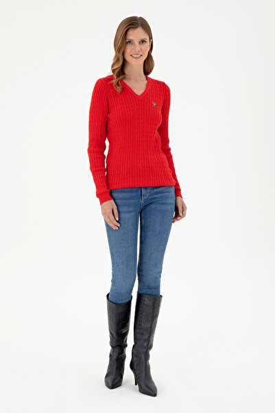 U.S. Polo Assn. Női piros V-nyakú alappulóver 50288992-VR030