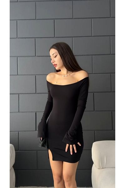 Fav Style Rochie mini cu mânecă lungă, cu decolteu barcă, neagră