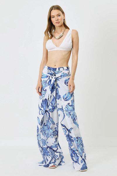C&City Marineblau/weiße Pareo-Hose für Damen 9078 – Taillengürtel-Detail
