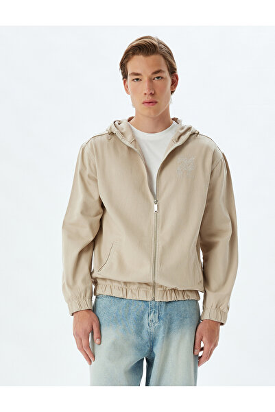 Koton Zippered Cotton Pocket Detailed Embroidered Hooded Denim Jacket