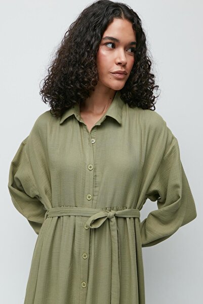 C&City Μακρυμάνικο Φόρεμα Μουσελίνας από Οργανικό Βαμβάκι 9128 Χακί