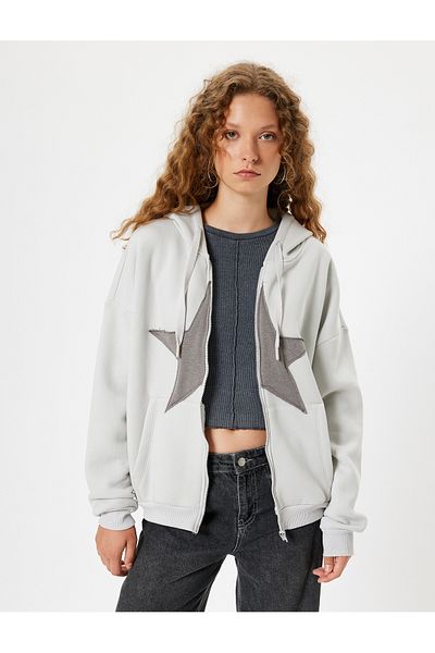 Koton Star Embroidered Oversize Hooded Sweatshirt - Pocket Detailed Hoodie
