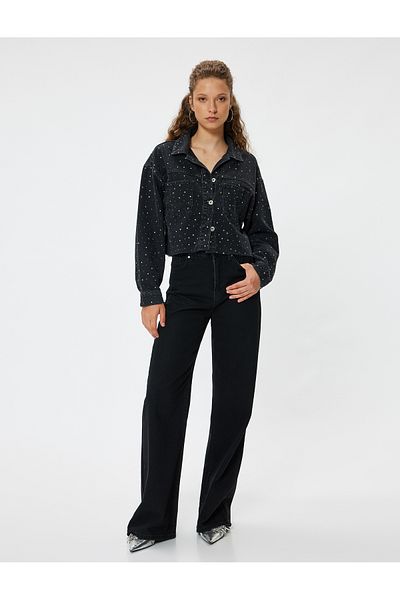 Koton Stone Detailed Oversize Denim Jacket - Pocket and Button Detailed, Classic Collar