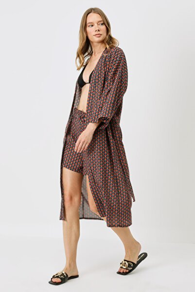 C&City 9069 Model Black/Cream Kimono Set with Shorts