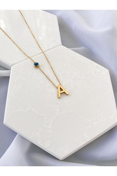 Zeta Collection Perline Blu Nazar Boncuklu A Harfli Kolye- kararma yapmaz