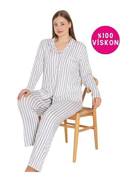 bie's Plus Size Gray Striped Viscose Pajamas Set - Shirt Collar, Long Sleeve with Pockets