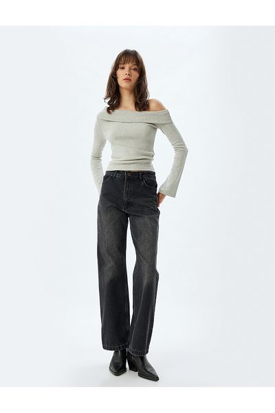 Koton Madonna Collar Off-The-Shoulder T-Shirt Fold Detailed Ribbed Long Sleeve Slim Fit