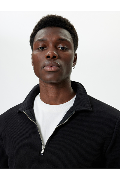 Koton Polo Neck Sweatshirt Half Zipper Basic Long Sleeve Cotton Blended