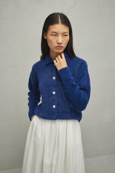 Fahhar Cardigan albastru Soft Crop