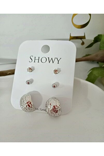 mos&more Gümüş Renk 3 Lü Tasarım Kadın Küpe Seti