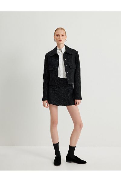 Koton Tweed Crop Jacket - Πουκάμισο γιακά και λεπτομέρεια τσέπης με πτερύγια