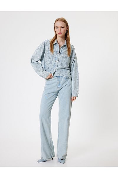 Koton Jachetă de denim crop cu detalii în piatră - Guler clasic și buzunar cu nasturi