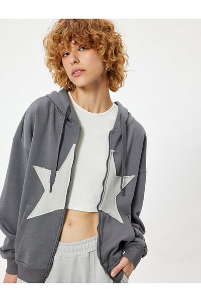 Koton Star Embroidered Oversize Sweatshirt - Zippered and Kangaroo Pocket