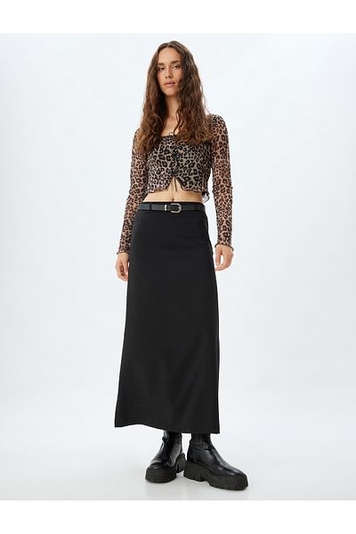 Koton Tricou crop slim cu imprimeu leopard - mânecă lungă, guler pătrat, detaliu fundă