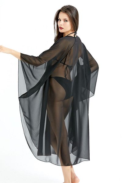 C&City Chiffon Poncho Pareo Strandkleid C14307 Schwarz