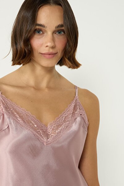 C&City Long Satin Nightgown 007 - Lace Detailed, Mink