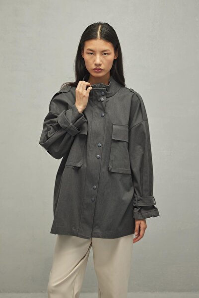 Fahhar سترة نسائية رمادية - جيب منفاخ