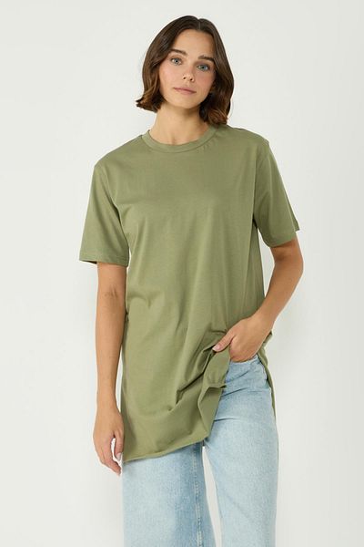 C&City 2-teiliges langes T-Shirt mit Rundhalsausschnitt – halbe Ärmel und Schlitz, Khaki/Grau 963