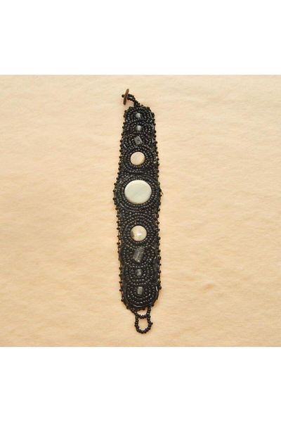 Hd Marketim Hdmarketim Hand Embroidered Mother of Pearl Bead Bracelet on Leather Black
