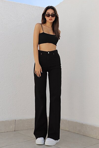 Ramrod Unfading Black Lycra Super High Waist Loose Jean Palazzo Trousers. (SUPER HIGH.) Wide Leg.