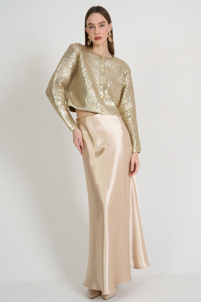 LOOSH Women's Gold Crew Neck Cardigan with Foil Detail