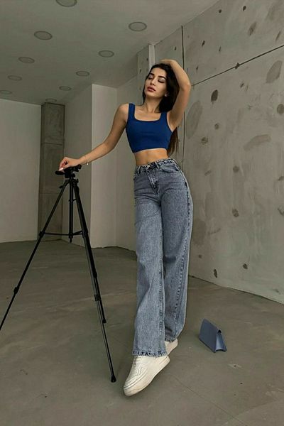 Trn JNS Pantaloni largi de jean Scool Medium Snow Blue Lycra cu talie super înaltă. (super Înalt.) Picior lat.