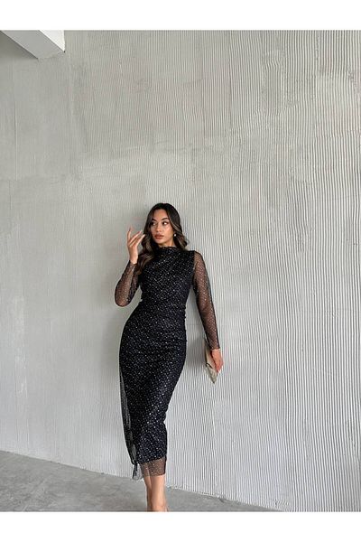 maf collection Black Polka Dot Detailed Sleeves Tulle Evening Dress