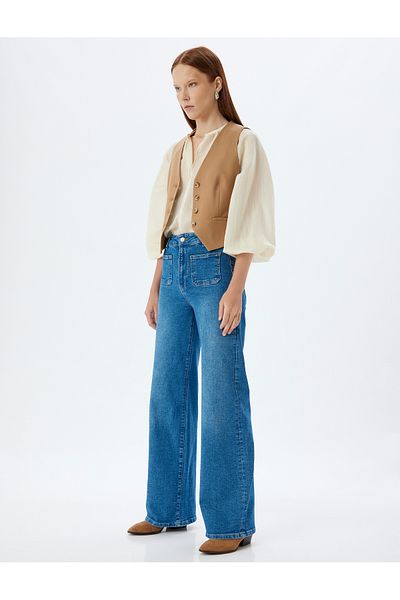 Koton Wide Leg Jeans High Waist Pocket Detailed Buttoned Jeans