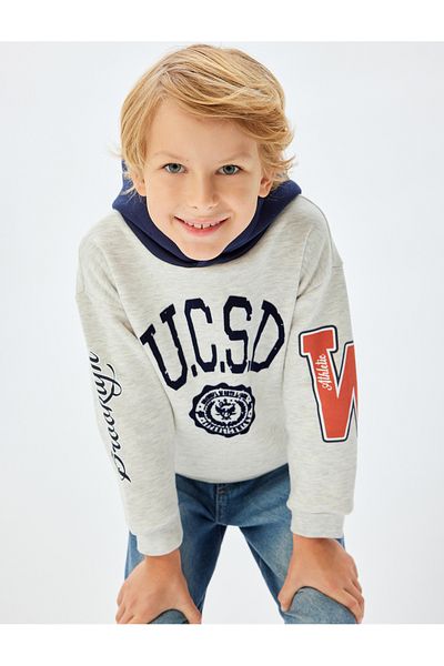 Koton Color Blocked Printed Hooded Long Sleeve Sweatshirt
