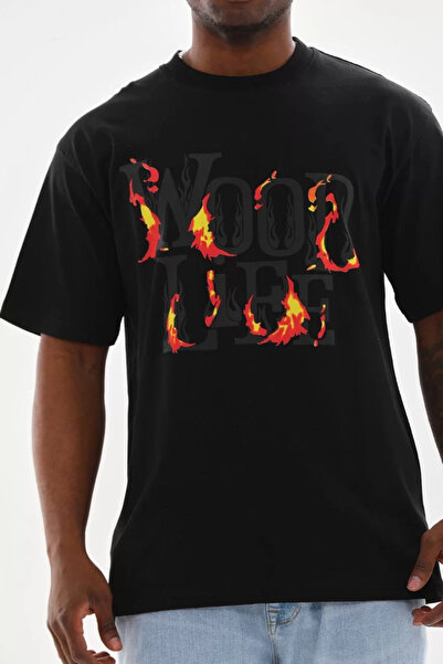 LUMİART   تي شيرت مطبوع كبير الحجم للجنسين - أسود