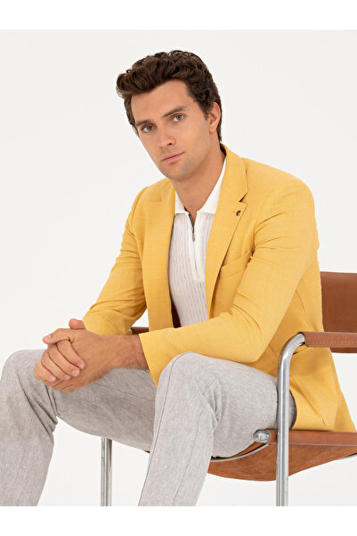 Cacharel Sarı Slim Fit Yün Keten Karışımlı Ceket 50264777-VR044