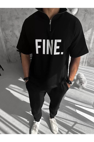LUMİART Unisex Printed Half Zipper T-Shirt - Black