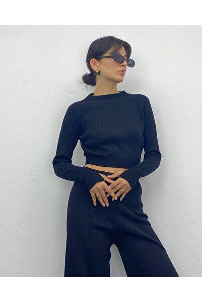 deqfashion Set tricotaj din două piese pentru femei, negru, cu pantaloni de j...