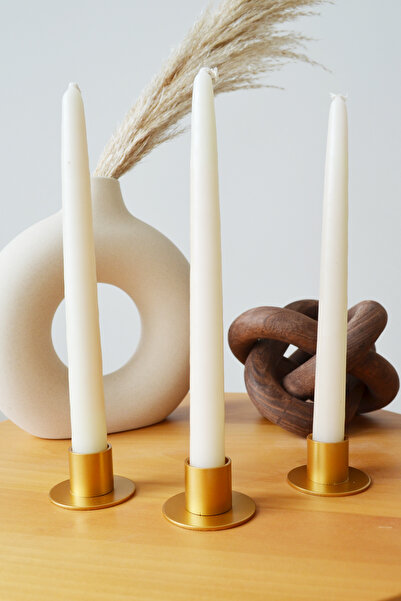 SUM STUDIO Altın Kaplama Dekoratif Konik Şamdan, 3 lü Set