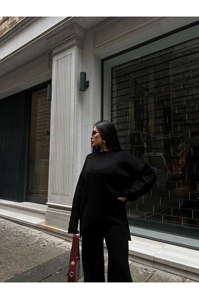 LB Laluna Butik Női kötöttáru szett aszimmetrikus szabású pulóver és Palazzo nadrág hasítékkal