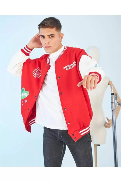 REKA MODA Мъжко яке Oversize с щампа със звезди на гърба на ръкавите - Червено