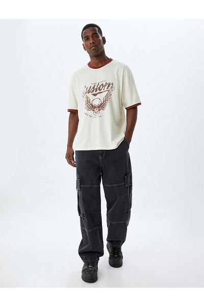 Koton Skull Printed Oversize Cotton T-shirt - Crew Neck, Short Sleeve