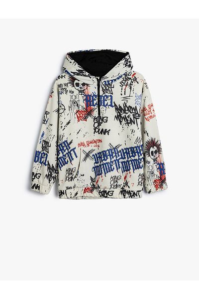 Koton Oversize Hooded Sweatshirt - Half Zippered Raised Printed