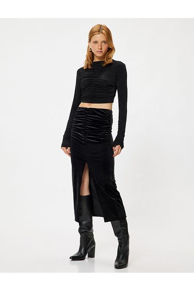 Koton Draped Slim Fit Midi Length Pencil Velvet Skirt with Front Slit Detail