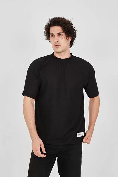 LUMİART Unisex Waffle Fabric Comfortable Sleeve T-Shirt - Black