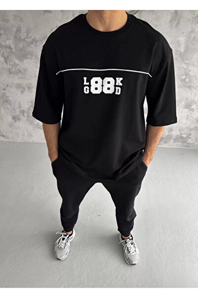 LUMİART Tricou oversize cu imprimeu unisex cu guler rotund - negru