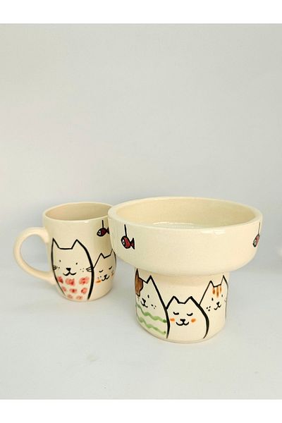 Soli Seramik Handmade High Ceramic Food or Water Bowl for Cats and Dogs Non-Spill Food Container, Mug Cup