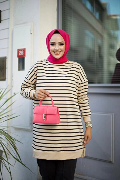 QUMET Yazlık Kadın Tesettür Bisiklet Yaka İki Iplik Penye Terletmeyen Kumaş Basic Çizgili Tunik