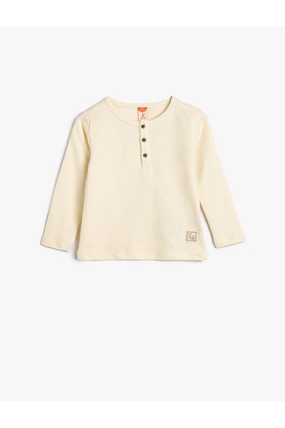 Koton Cotton Long Sleeve Crew Neck T-Shirt - Textured and Button Detailed