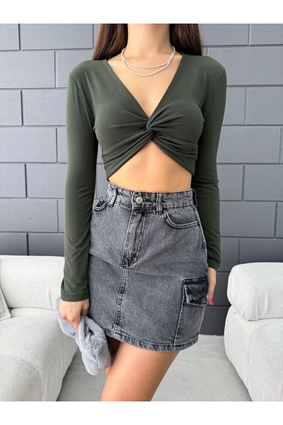 Fav Style Γυναικεία μακρυμάνικη μπλούζα με λεπτομέρεια με λαιμόκοψη σε χακί χρώμα