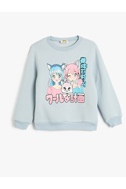 Koton Sweatshirt Anime Baskılı Uzun Kollu Bisiklet Yaka Şardonlu