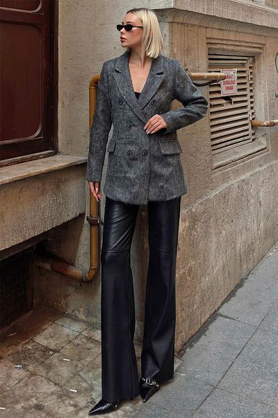 Swist Smoked Double Breasted Button Closure Bearded Women's Blazer Jacket