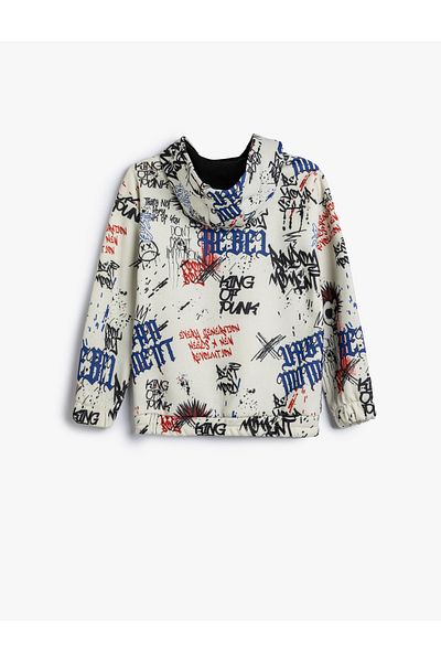 Koton Oversize Hooded Sweatshirt - Half Zippered Raised Printed