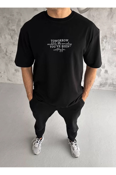 LUMİART تي شيرت كبير الحجم مطبوع برقبة دائرية للجنسين - أسود